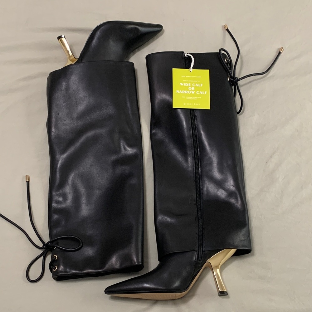Gianni Bini Black Leather Boots with Gold Heel